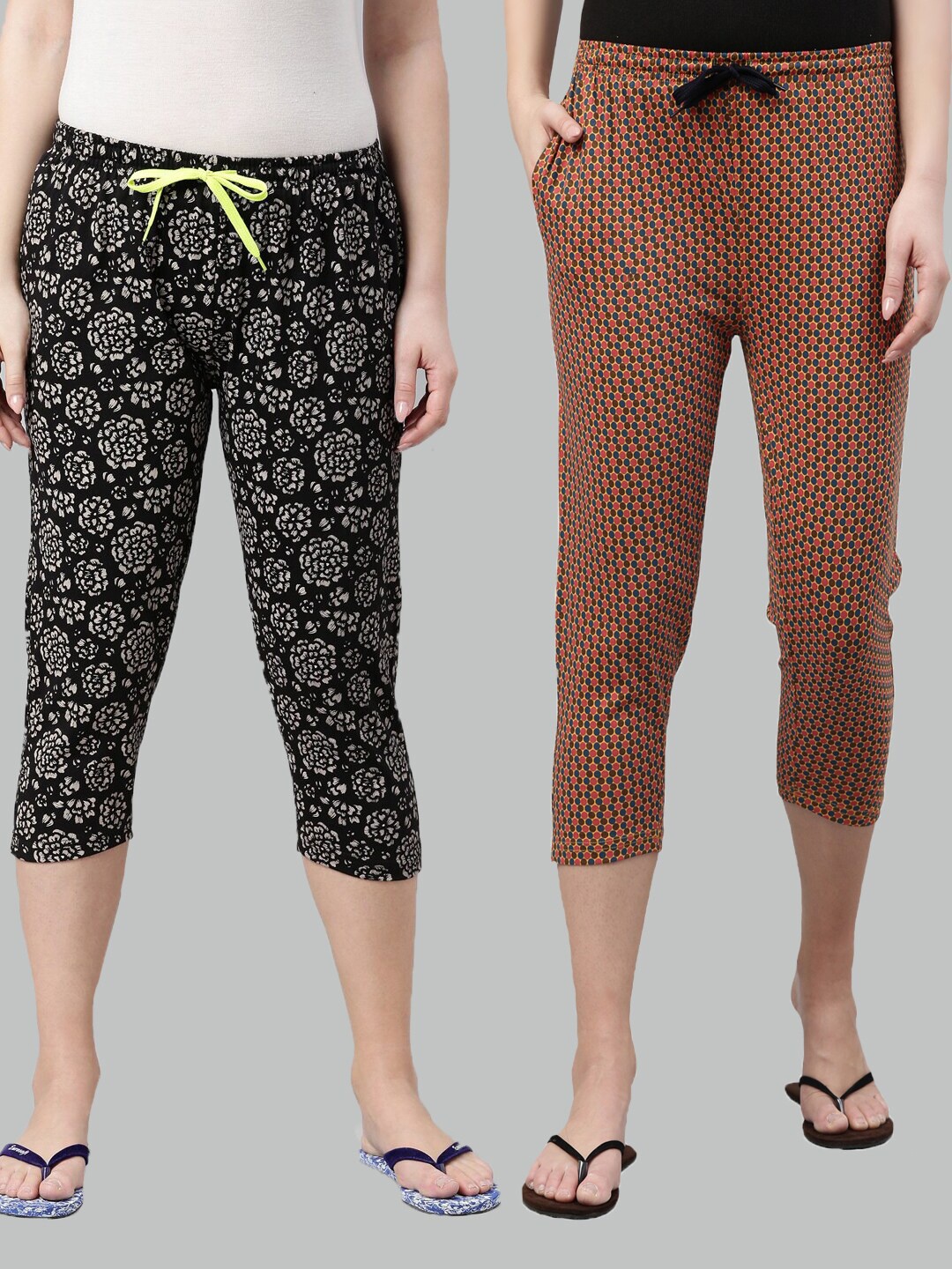 

Kryptic Women Black & Mustard Pack of 2 Printed Cotton Capris