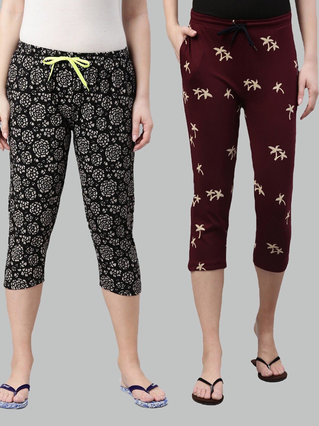 

Kryptic Women Black & Maroon Pack Of 2 Pure Cotton Printed Capris