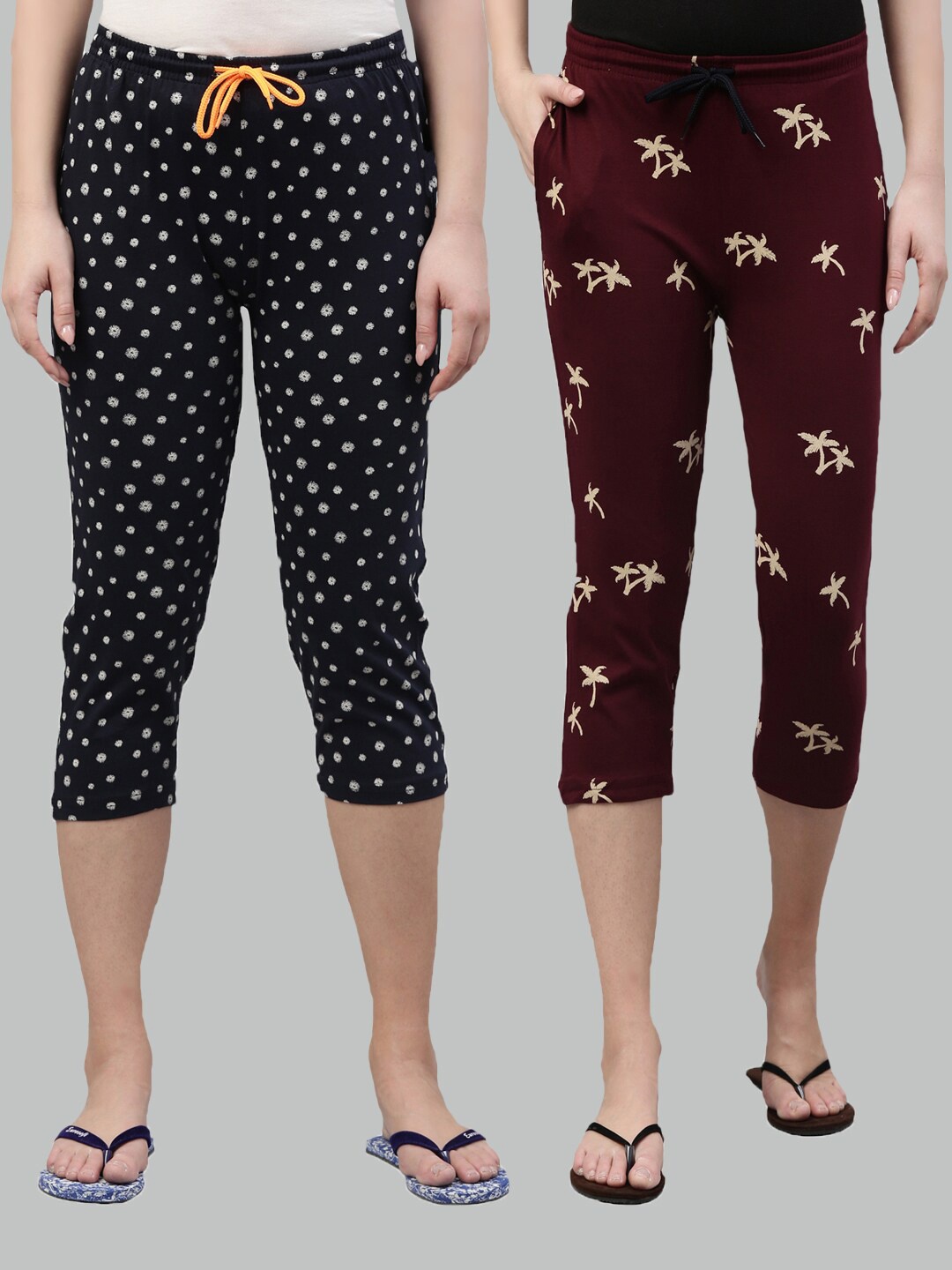 

Kryptic Women Navy Blue & Maroon Set Of 2 Cotton Printed Capris
