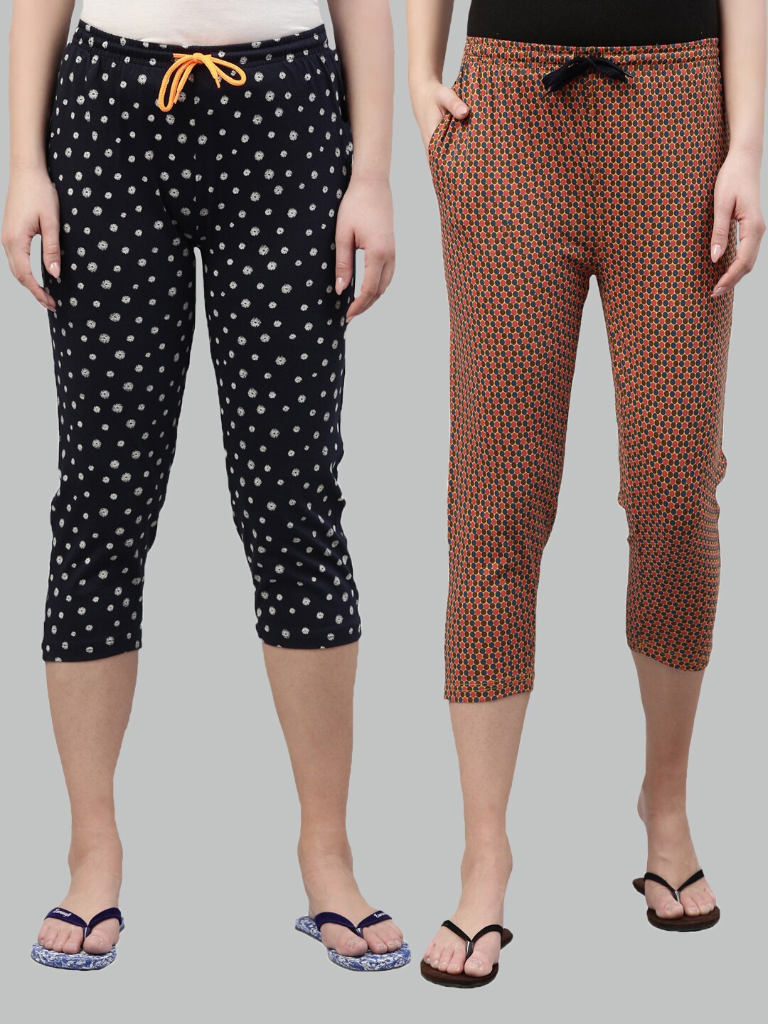 

Kryptic Women Navy Blue & Mustard Set Of 2 Cotton Printed Capris