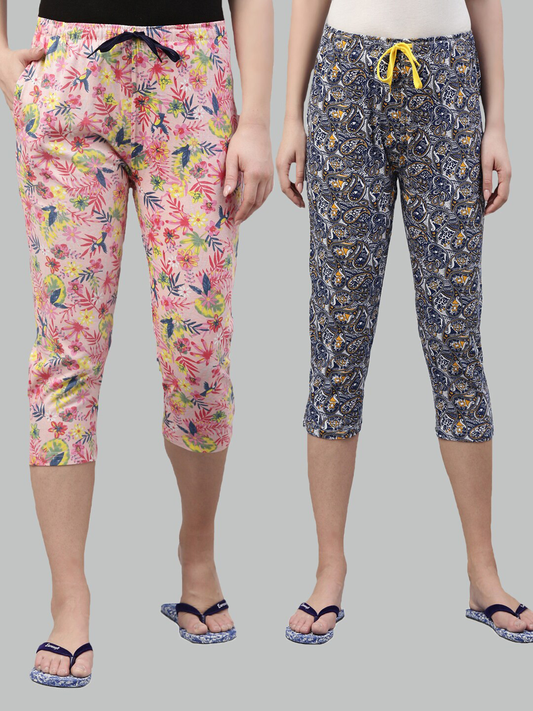 

Kryptic Women Pink & Blue Set Of 2 Cotton Printed Capris