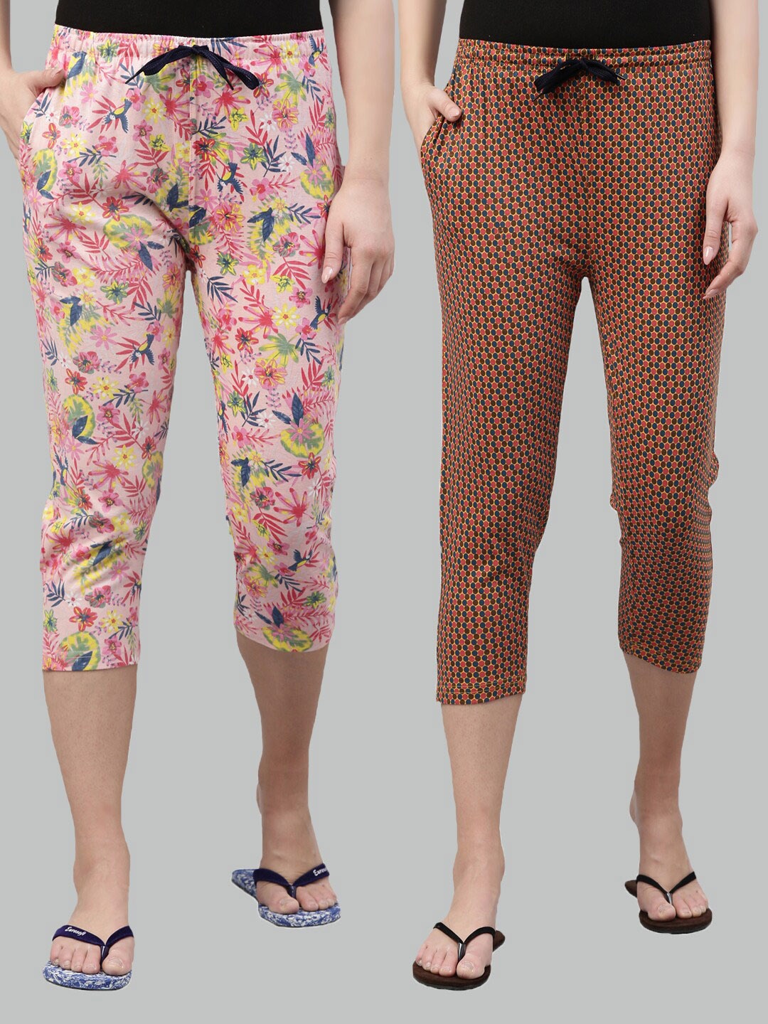 

Kryptic Women Pink & Brown Set Of 2 Cotton Printed Capris