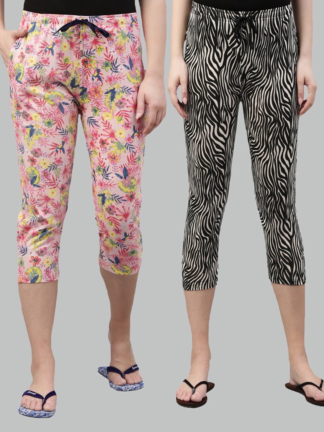 

Kryptic Women Pink & Black Printed Pack Of 2 Pure Cotton Capris