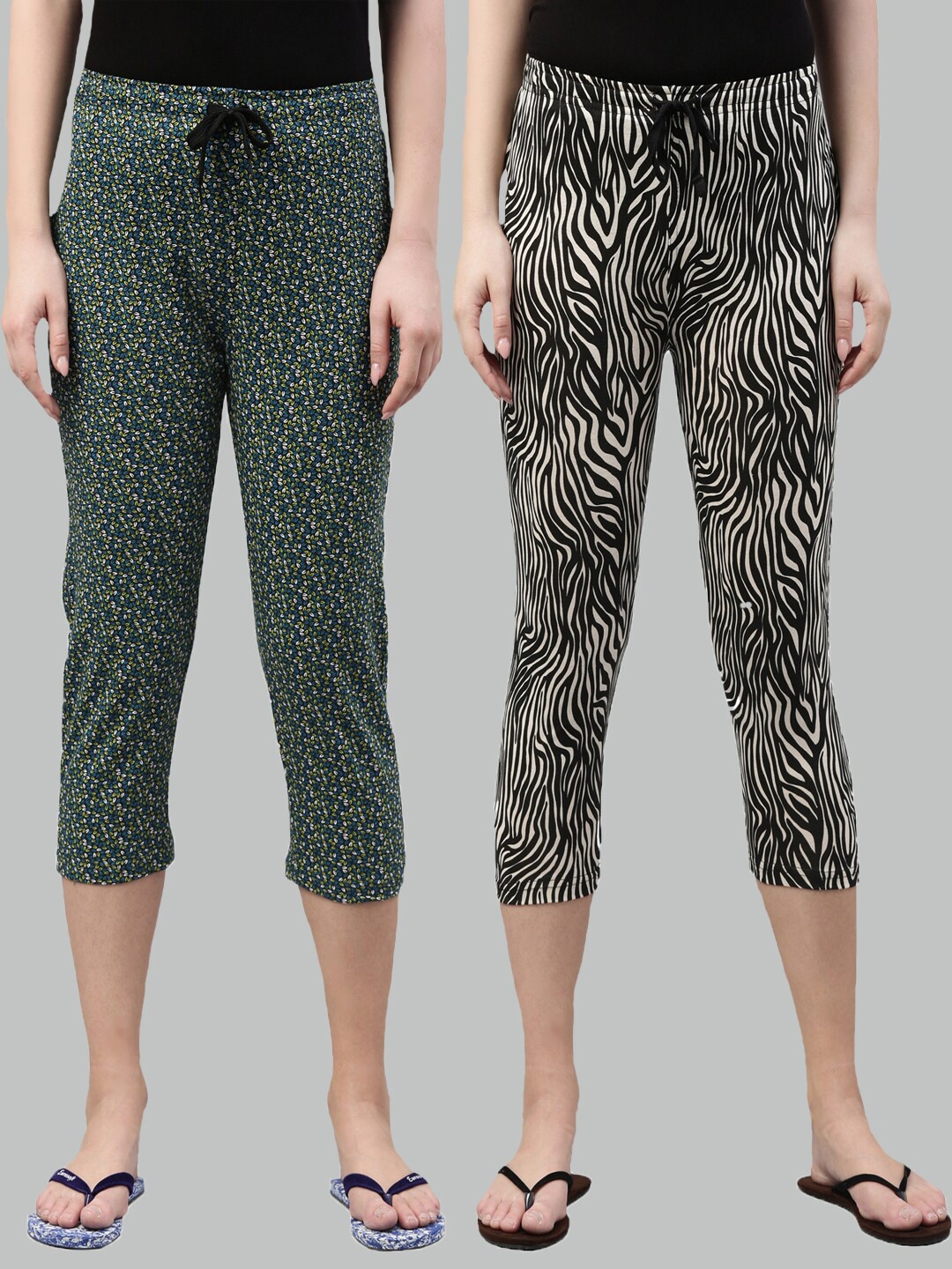

Kryptic Women Green & Black Set Of 2 Cotton Printed Capris