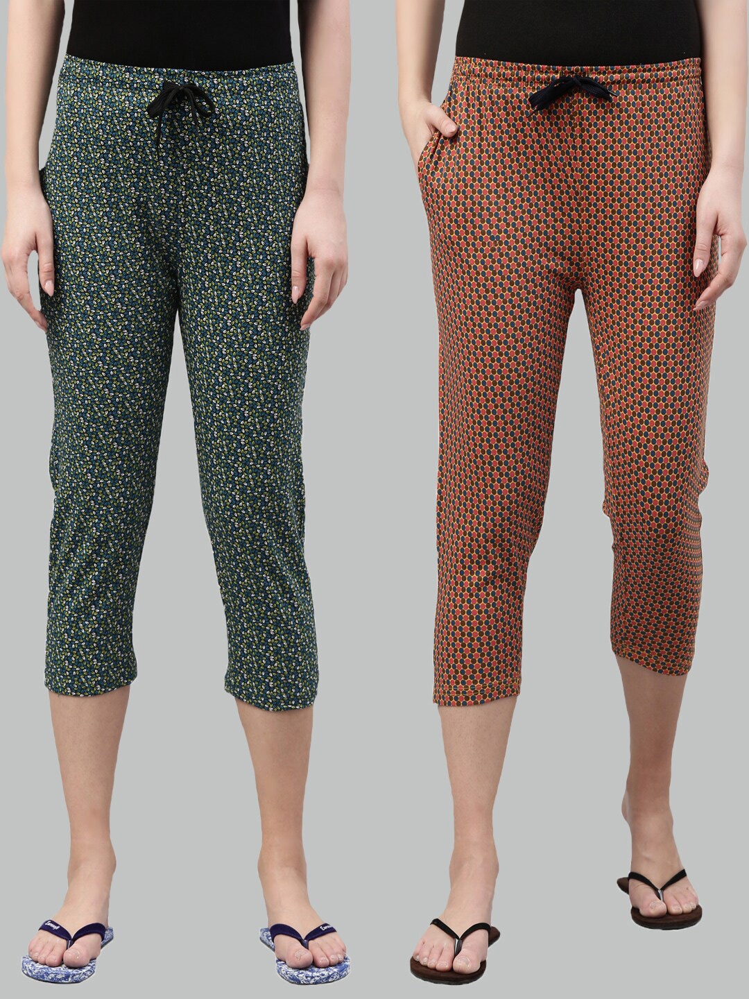 

Kryptic Women Green & Mustard Pack of 2 Printed Cotton Capris