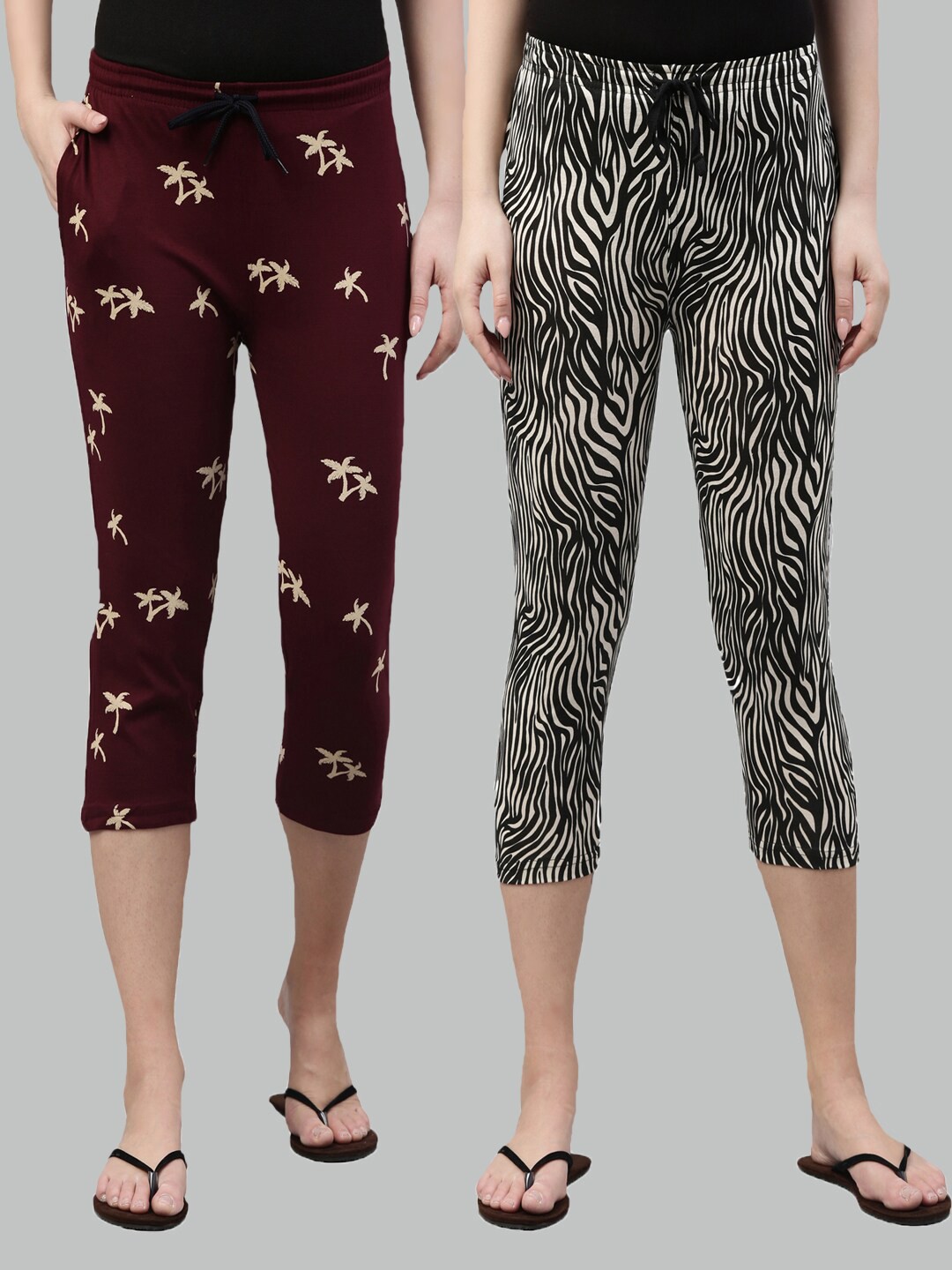 

Kryptic Women Maroon & Black Set Of 2 Cotton Printed Capris