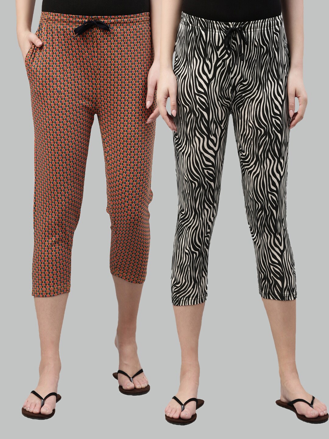 

Kryptic Women Mustard & Black Printed Pack Of 2 Pure Cotton Capris