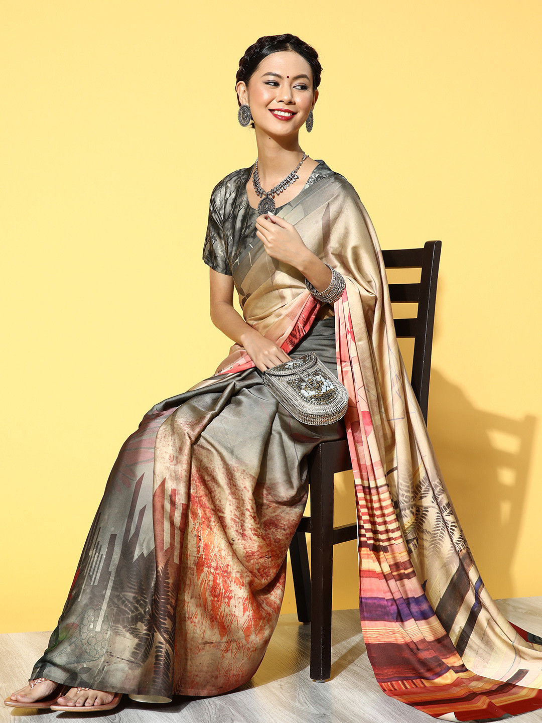 

Mitera Grey & Beige Ethnic Motifs Satin Saree
