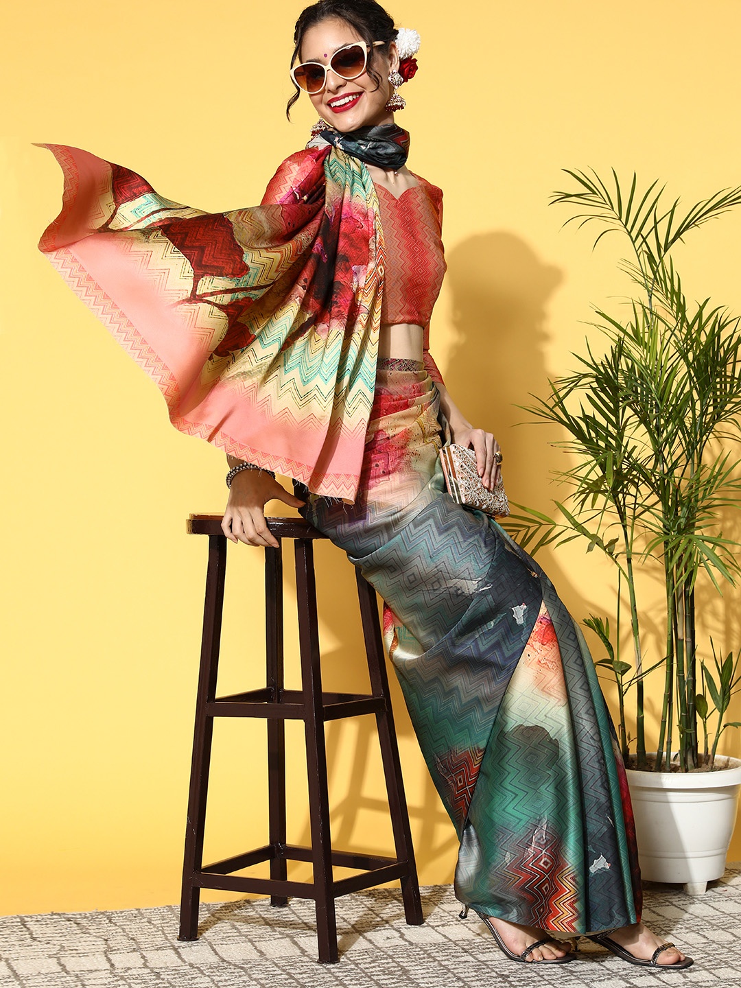 

Mitera Geometric Satin Saree With Printed Border, Multi