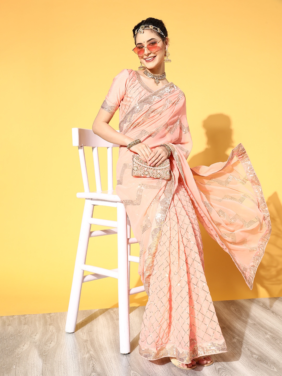 

Mitera Geometric Pure Georgette Saree with Embroidered border, Peach