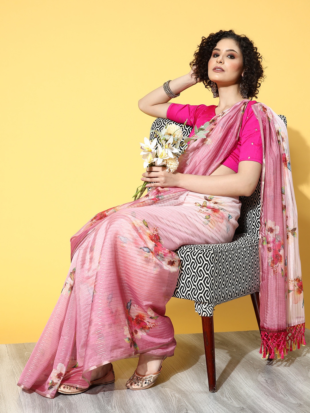 

Mitera Pink & Off White Floral Saree