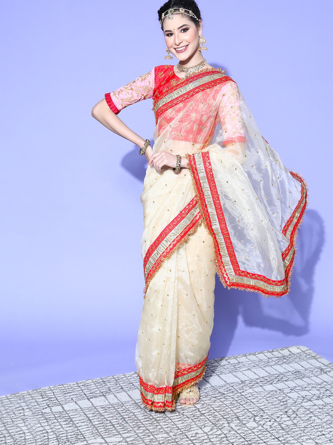 

Mitera Cream-Coloured & Red Sequinned Silk Blend Saree