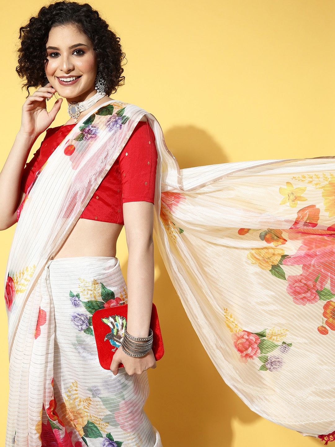 

Mitera Peach-Coloured & Pink Floral Saree