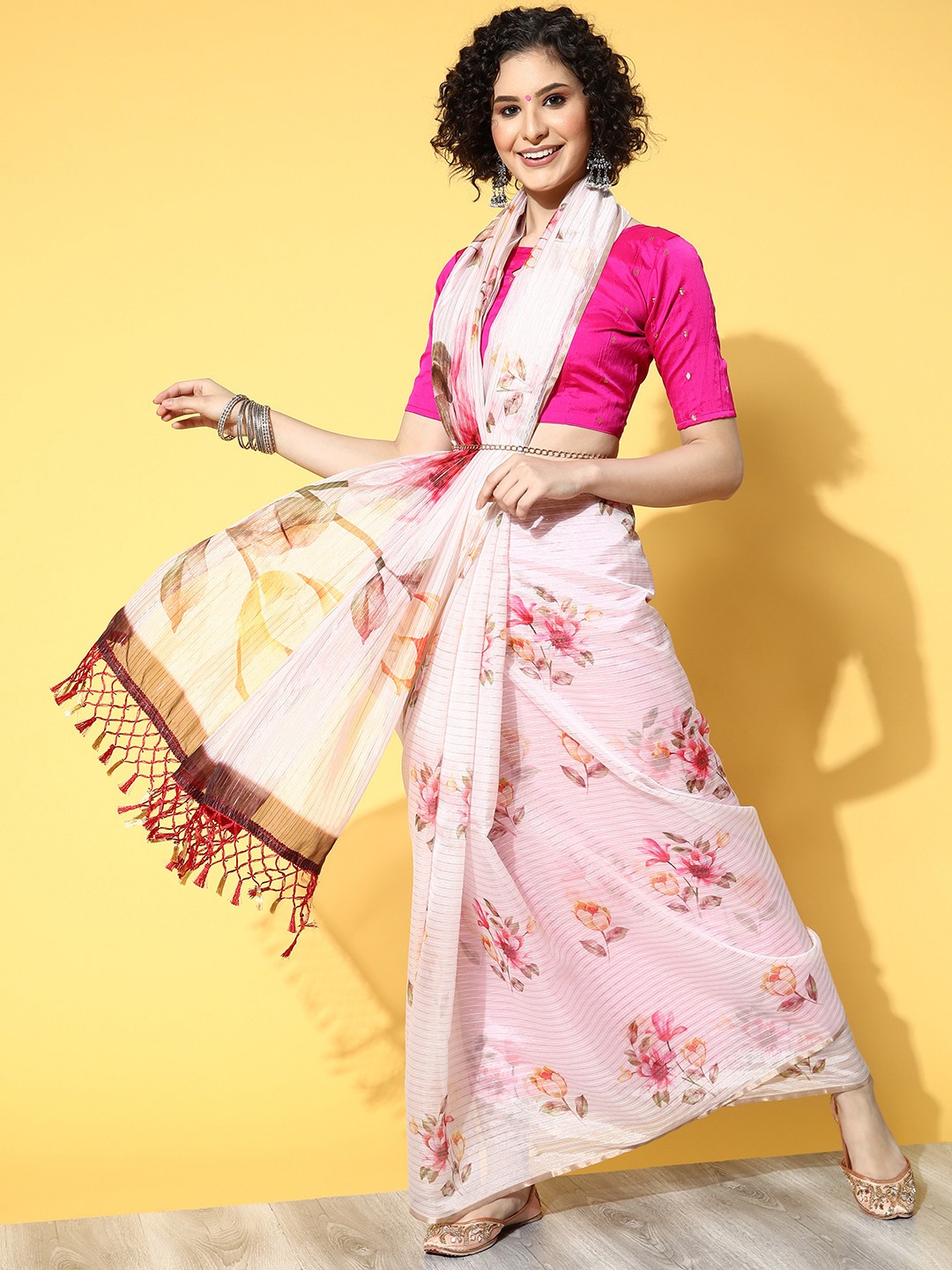 

Mitera White & Pink Floral Saree