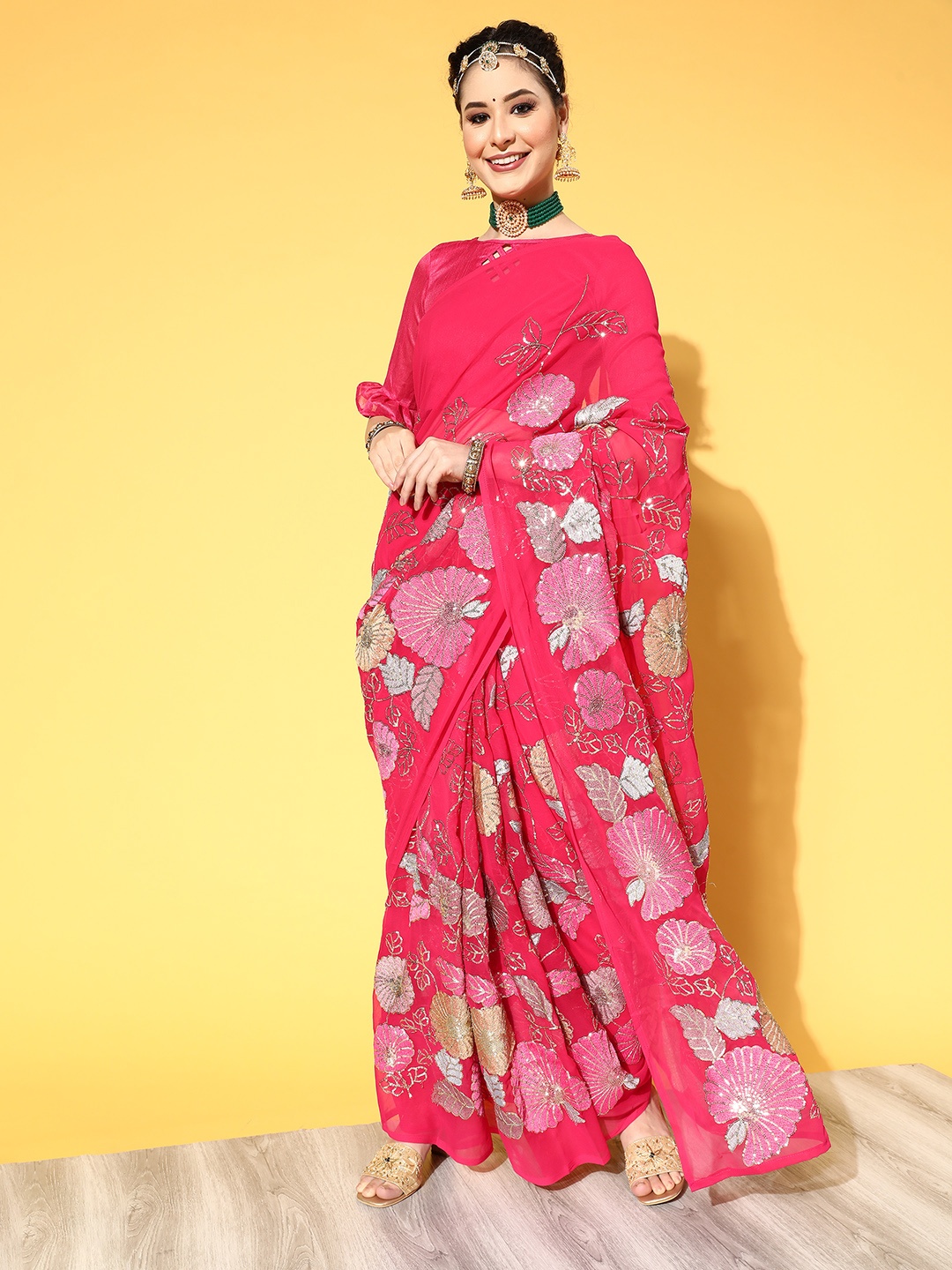

Mitera Floral Pure Georgette Saree with Embroidered border, Pink