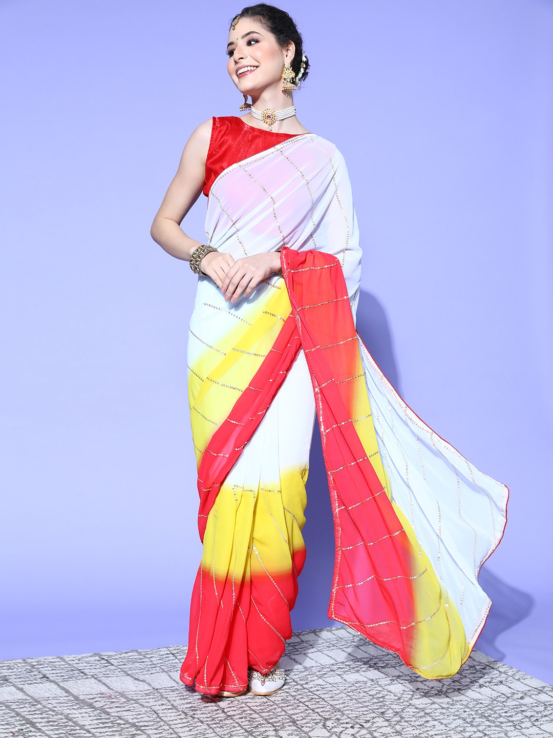 

Mitera Striped Pure Georgette Holi Saree with Embroidered border, Red