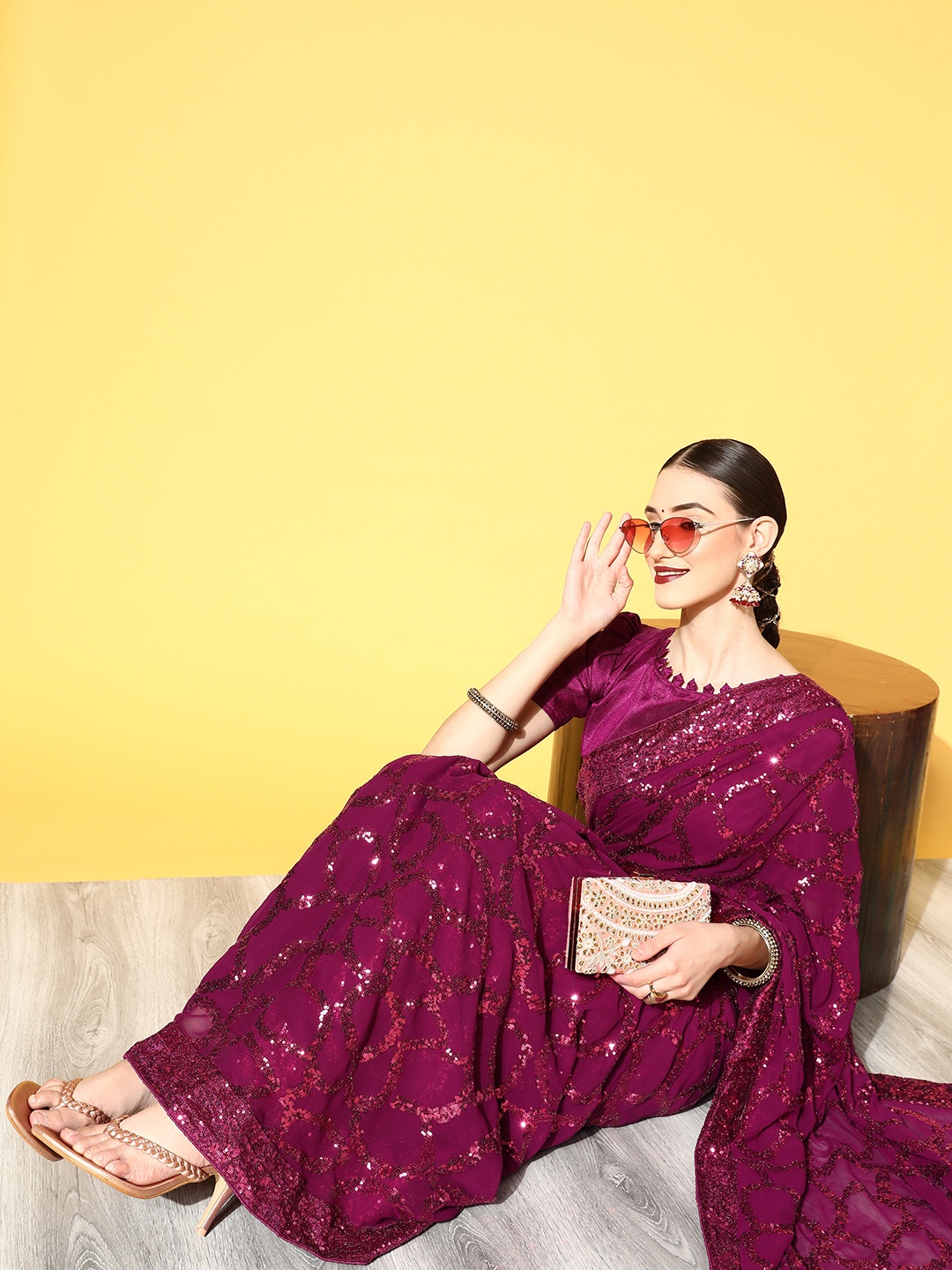 

Mitera Burgundy Sequinned Pure Georgette Saree