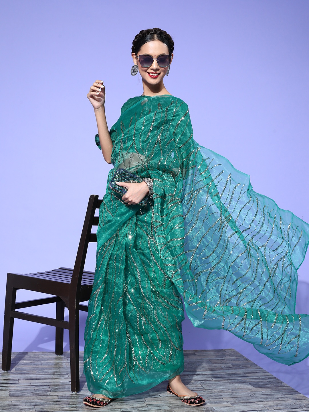 

Mitera Embellished Saree with Embroidered border, Green