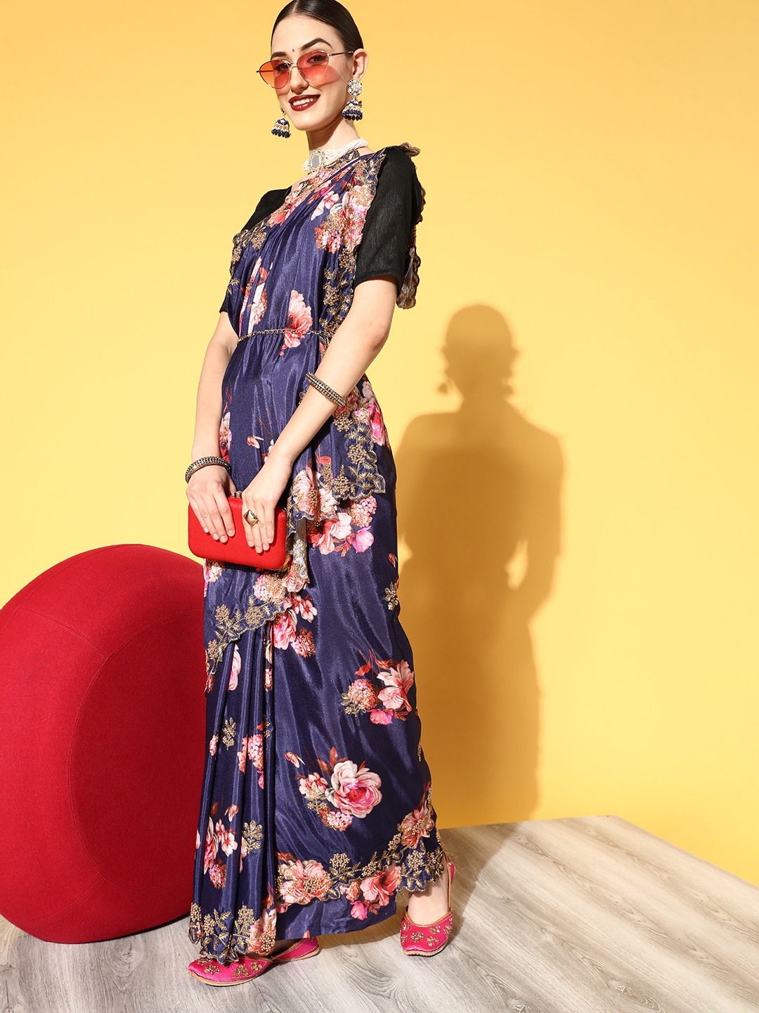 

Mitera Navy Blue & Pink Floral Pure Georgette Saree