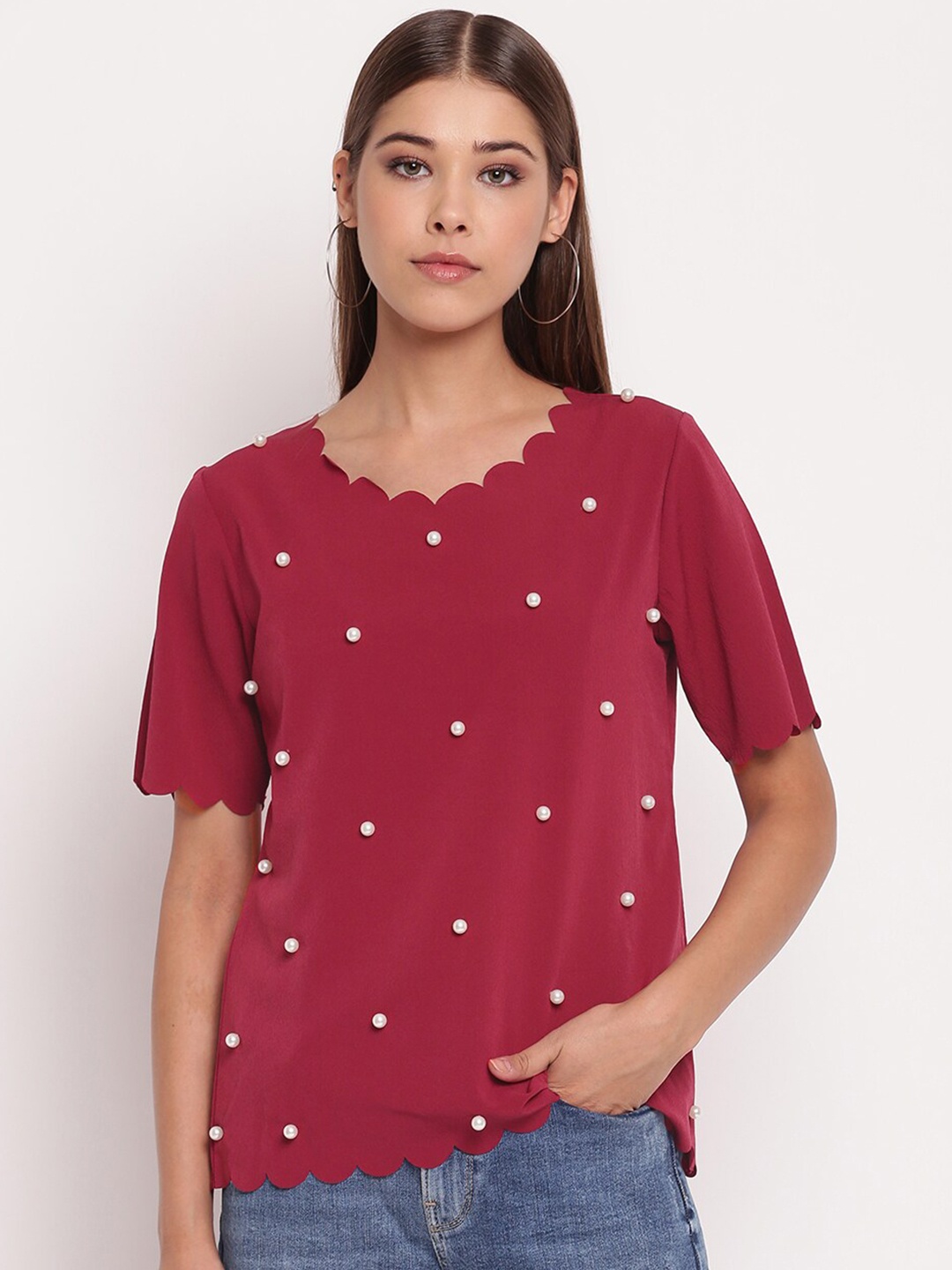 

AKIMIA Women Rose Pearl Embellished Crepe Scalloped Top