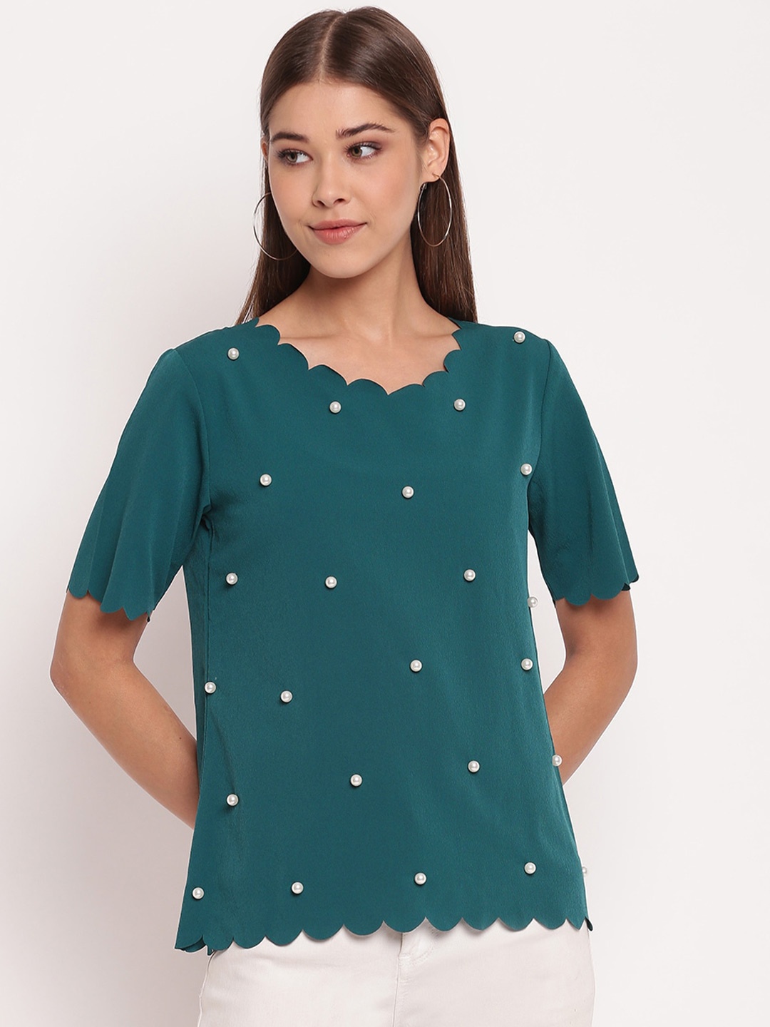 

AKIMIA Women Green Pearls Embellished Scalloped Crepe Top