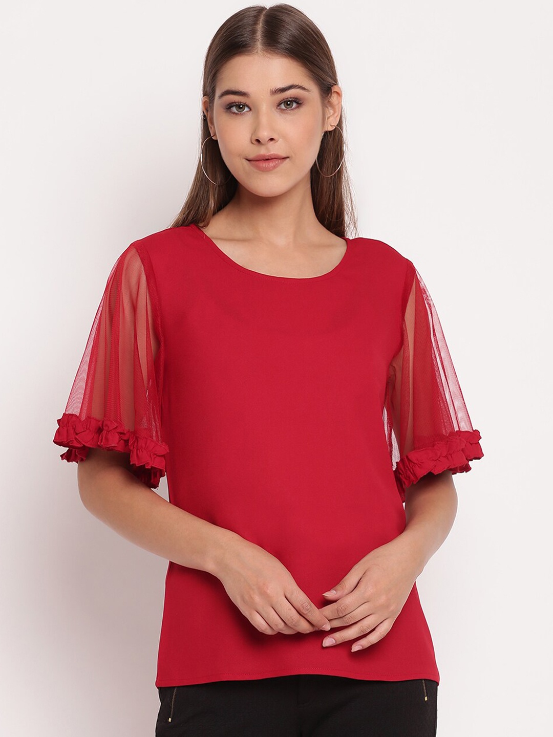 

AKIMIA Women Red Bell Sleeve Crepe Top
