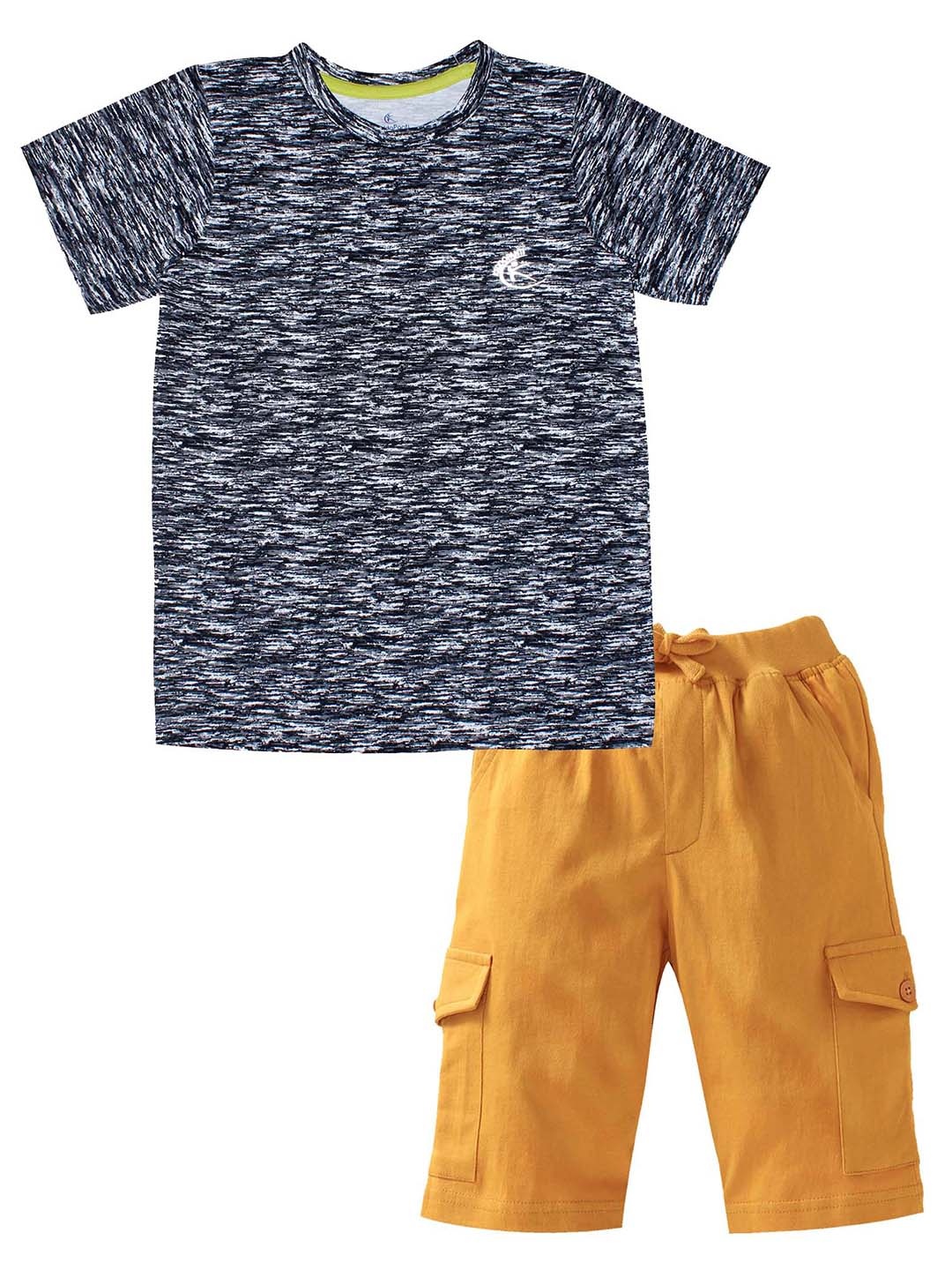 

KiddoPanti Boys Black & Mustard Printed Pure Cotton T-shirt with Shorts