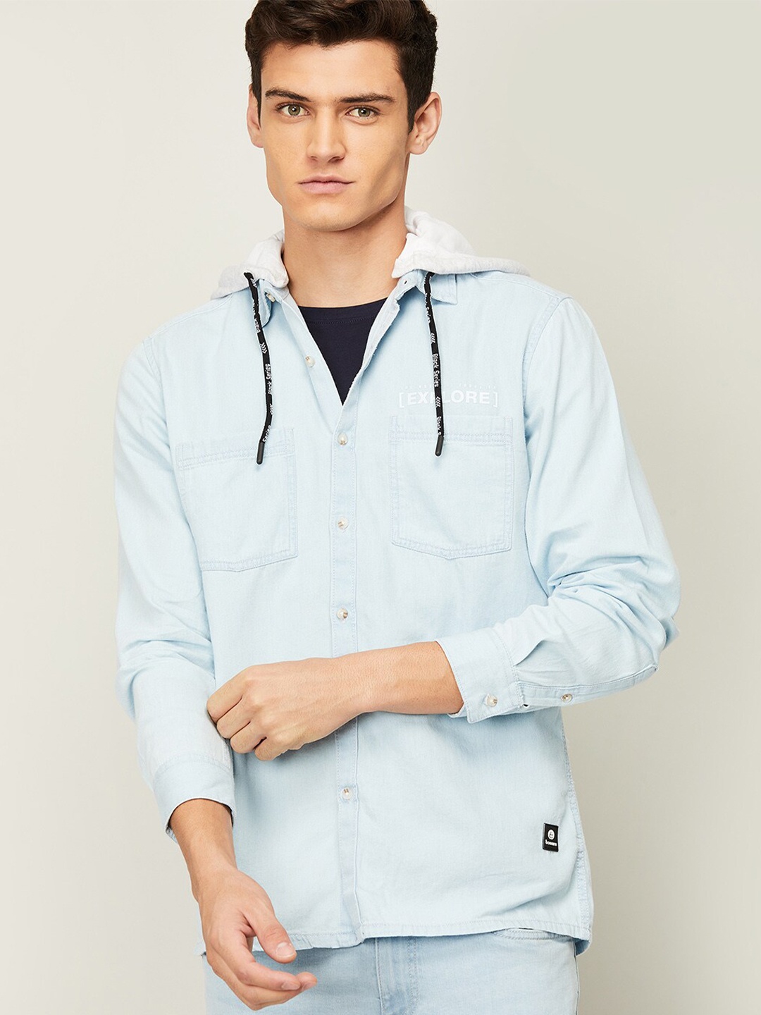 

Bossini Men Blue Standard Hooded Casual Shirt