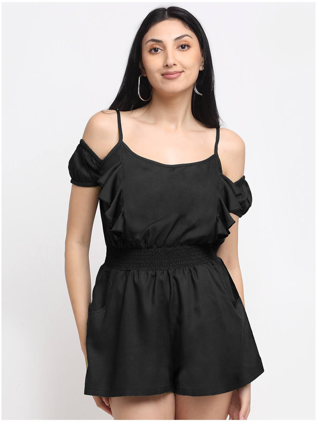 

NEUDIS Women Black Solid Playsuit with Ruffel