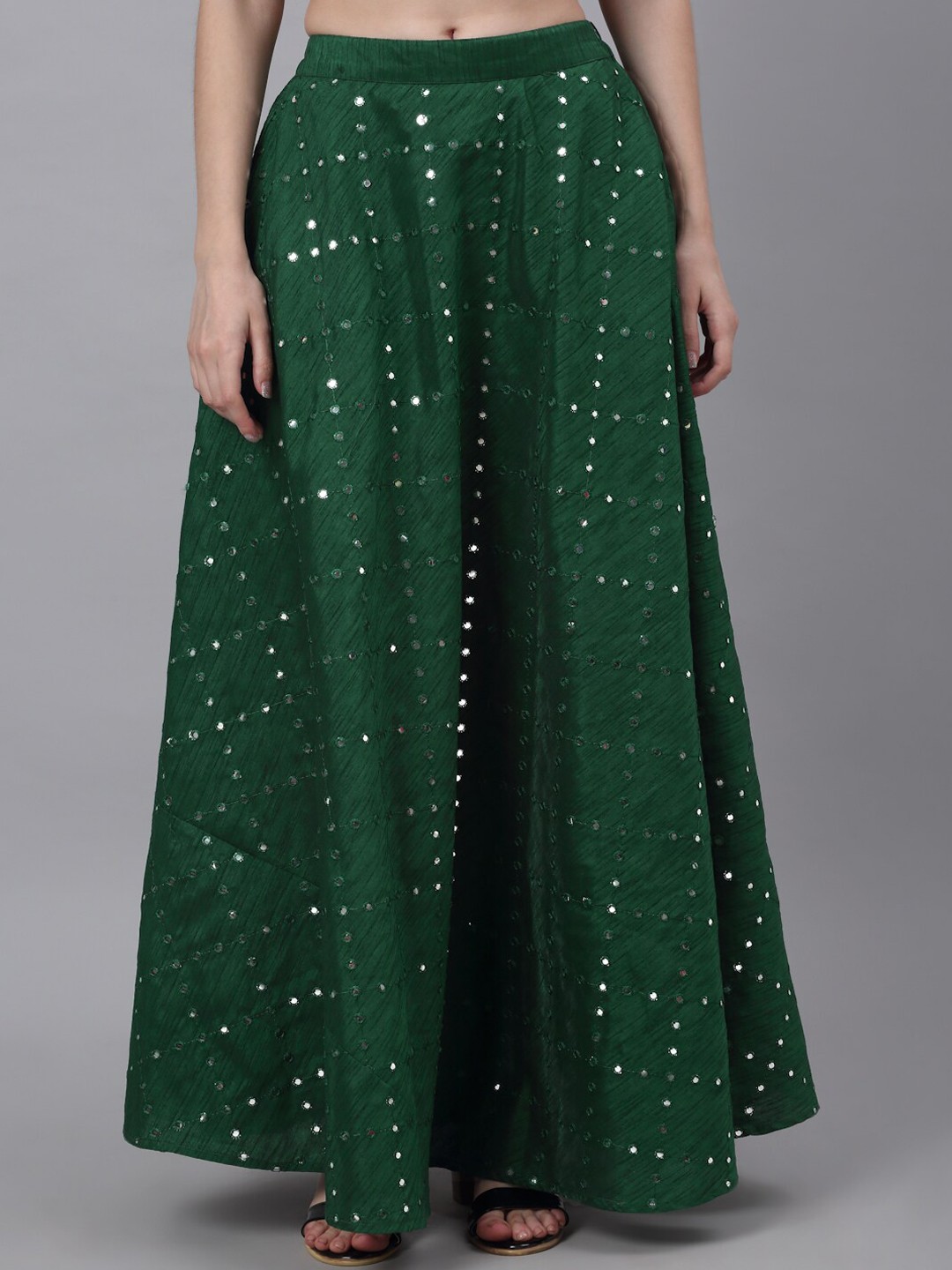 

NEUDIS Women Green Embellished Mirror Work Dupion Silk Flared Maxi Lehenga Skirt