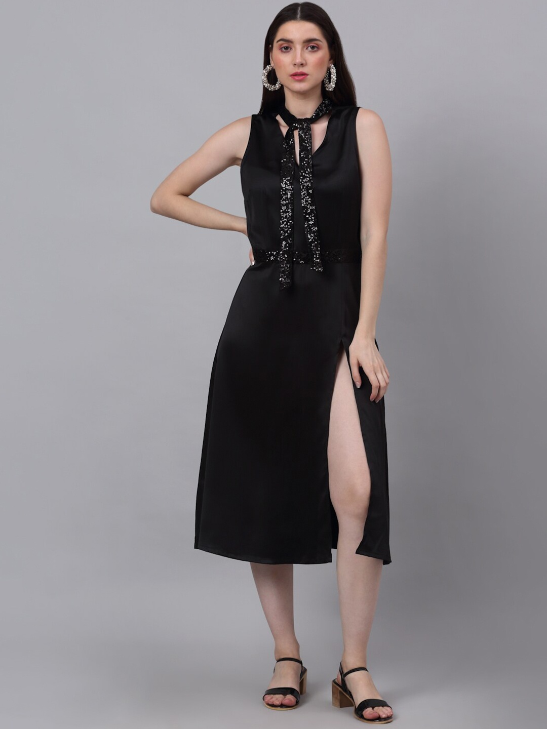 

NEUDIS Black Satin A-Line Front Slit Midi Dress with a Tie up Scarf