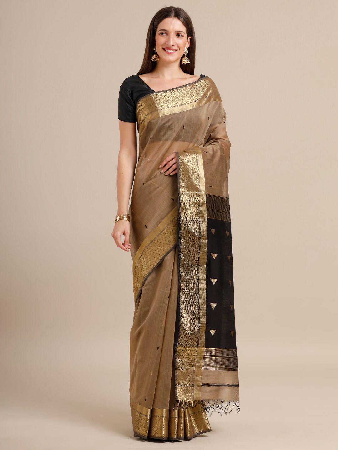 

SAMITTE Khaki & Black Woven Design Zari Silk Cotton Maheshwari Saree