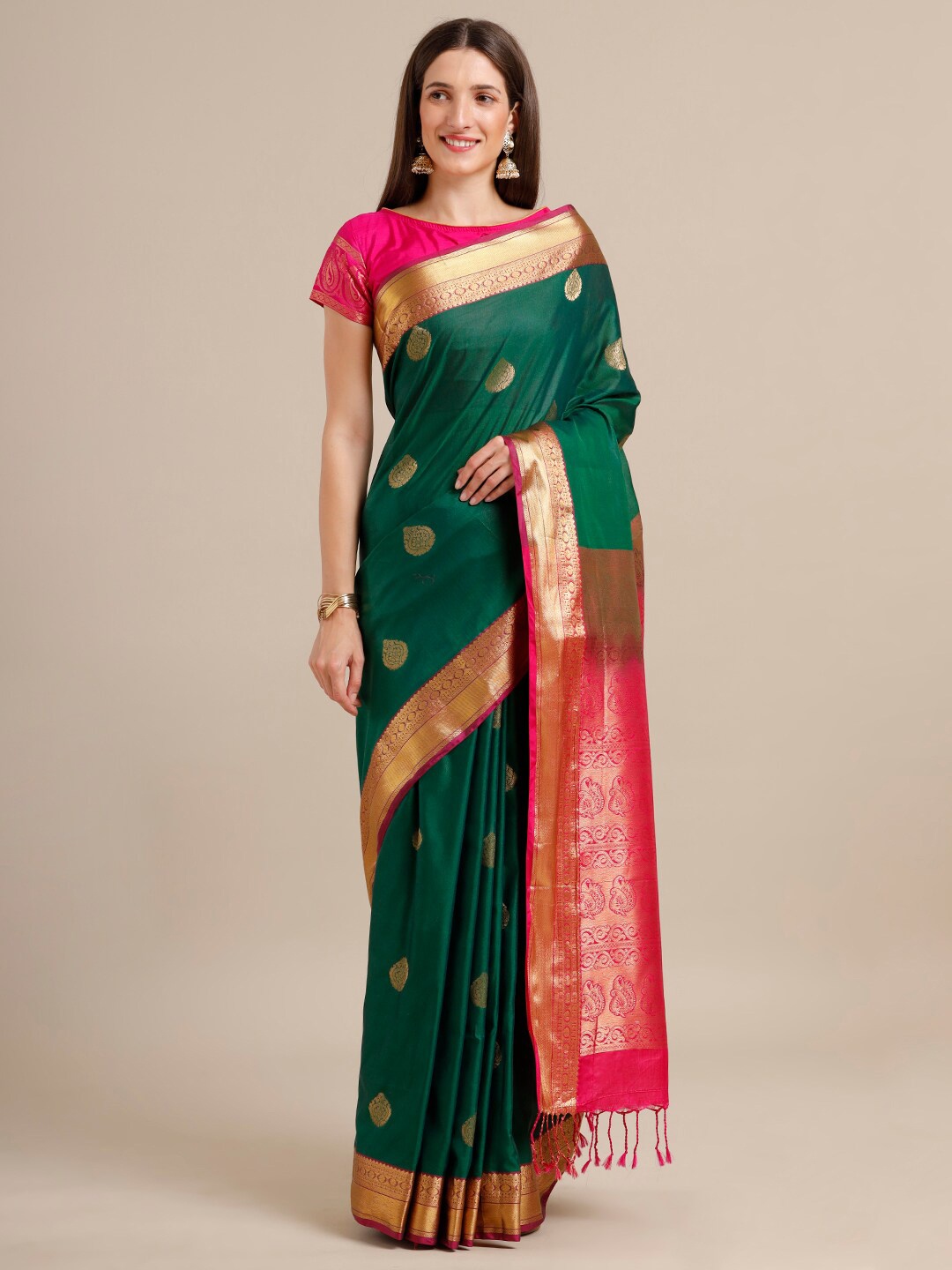 

SAMITTE Green & Pink Woven Design Kanjeevaram Saree