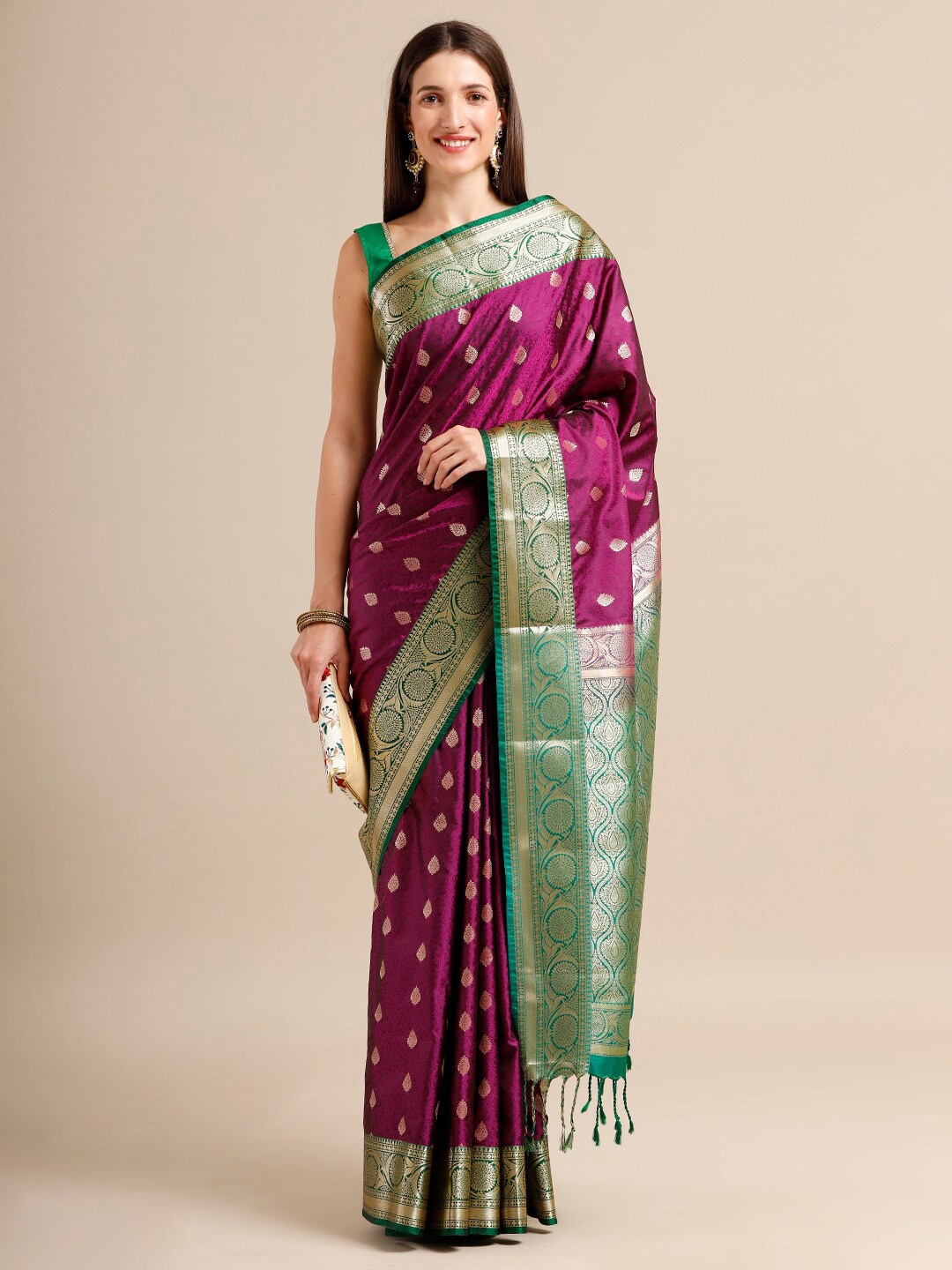 

SAMITTE Purple & Green Woven Design Silk Blend Kanjeevaram Saree