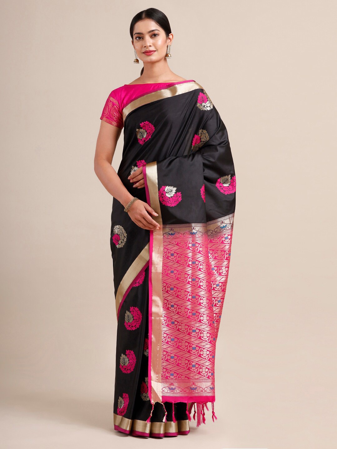 

SAMITTE Black & Pink Woven Design Silk Blend Kanjeevaram Saree