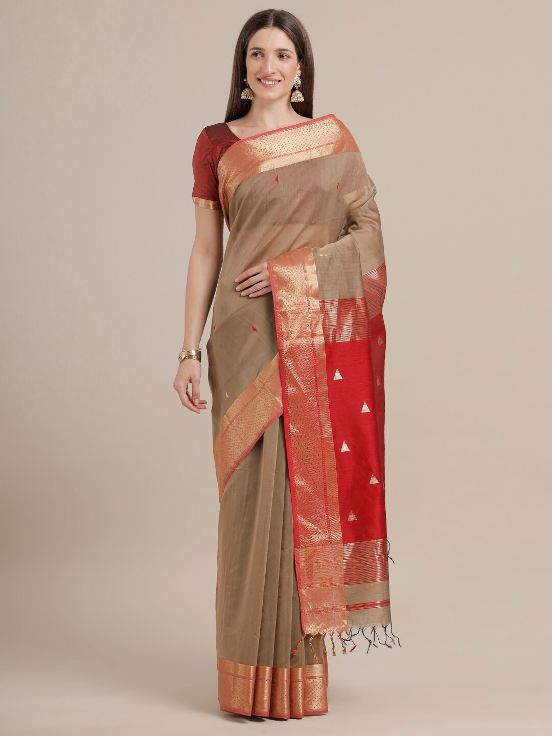 

SAMITTE Brown & Red Zari Silk Cotton Maheshwari Saree
