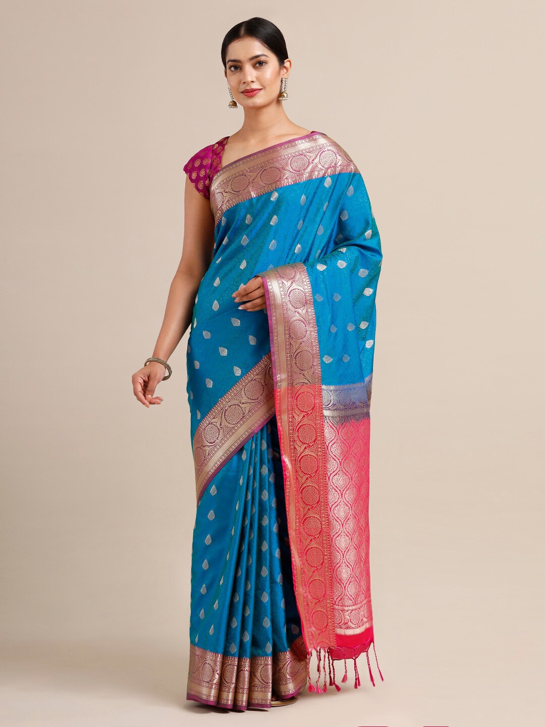 

SAMITTE Blue & Pink Woven Design Silk Blend Kanjeevaram Saree