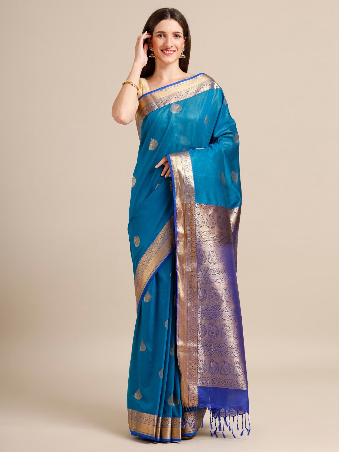 

SAMITTE Blue & Golden Kanjeevaram Saree