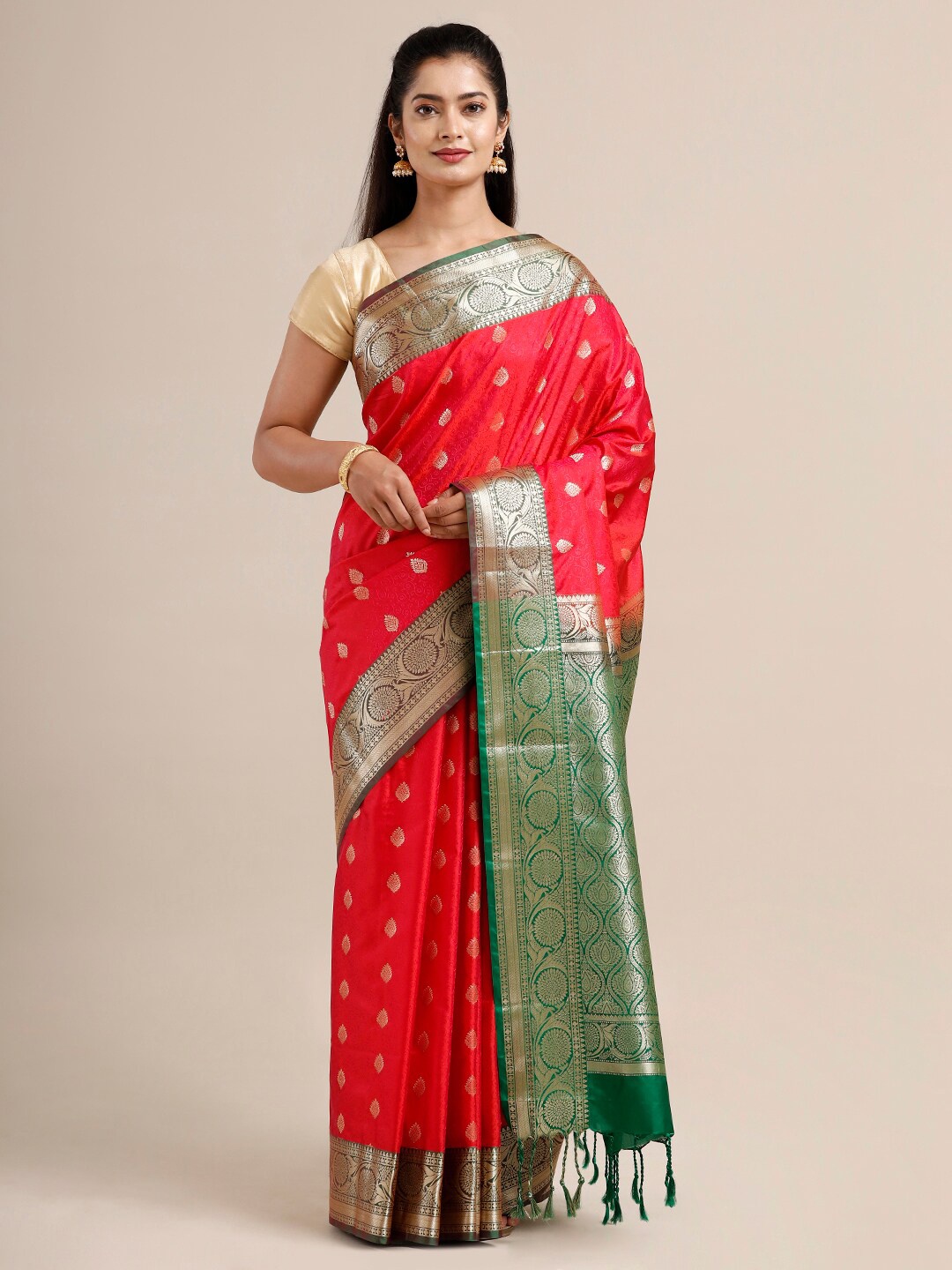 

SAMITTE Red & Green Woven Design Silk Blend Kanjeevaram Saree