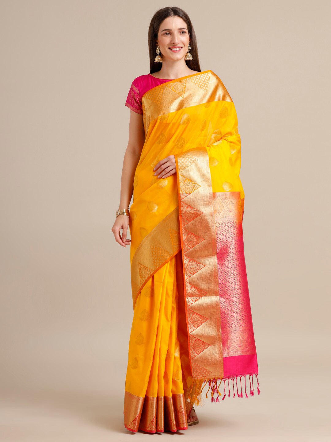 

SAMITTE Yellow & Red Floral Zari Fusion Kanjeevaram Saree
