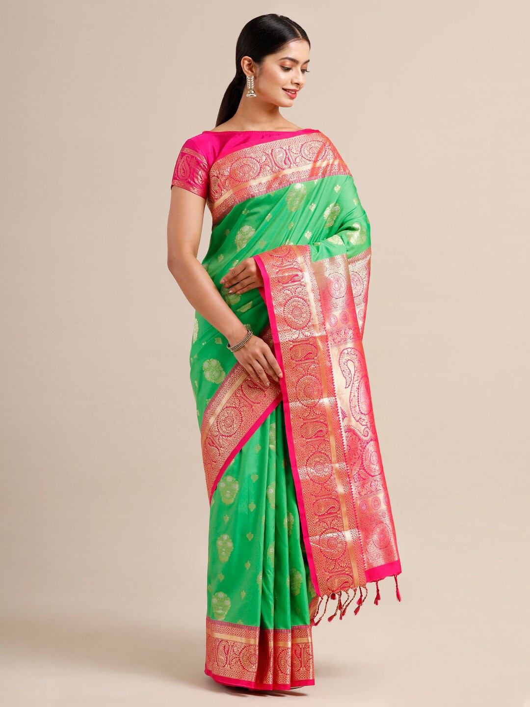 

SAMITTE Green & Pink Woven Design Zari Silk Blend Gadwal Saree
