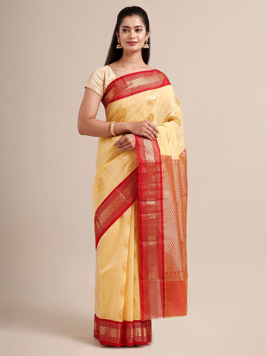 

SAMITTE Cream-Coloured & Red Woven Design Pure Cotton Kovai Saree