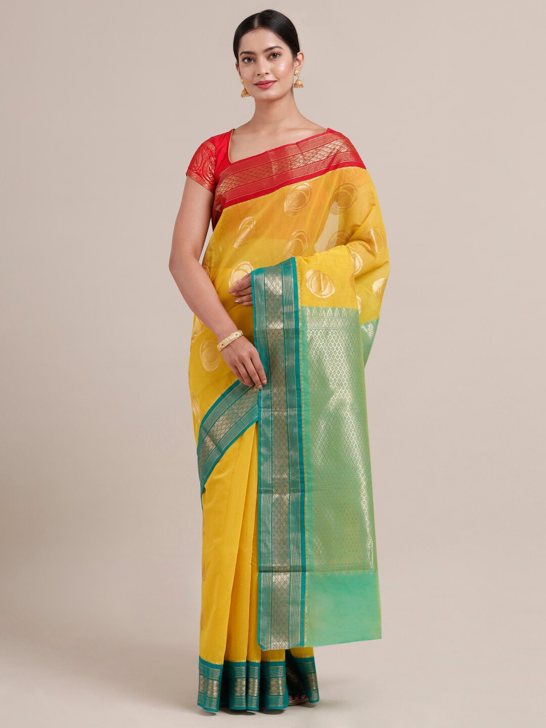 

SAMITTE Yellow & Green Woven Design Pure Cotton Kovai Saree