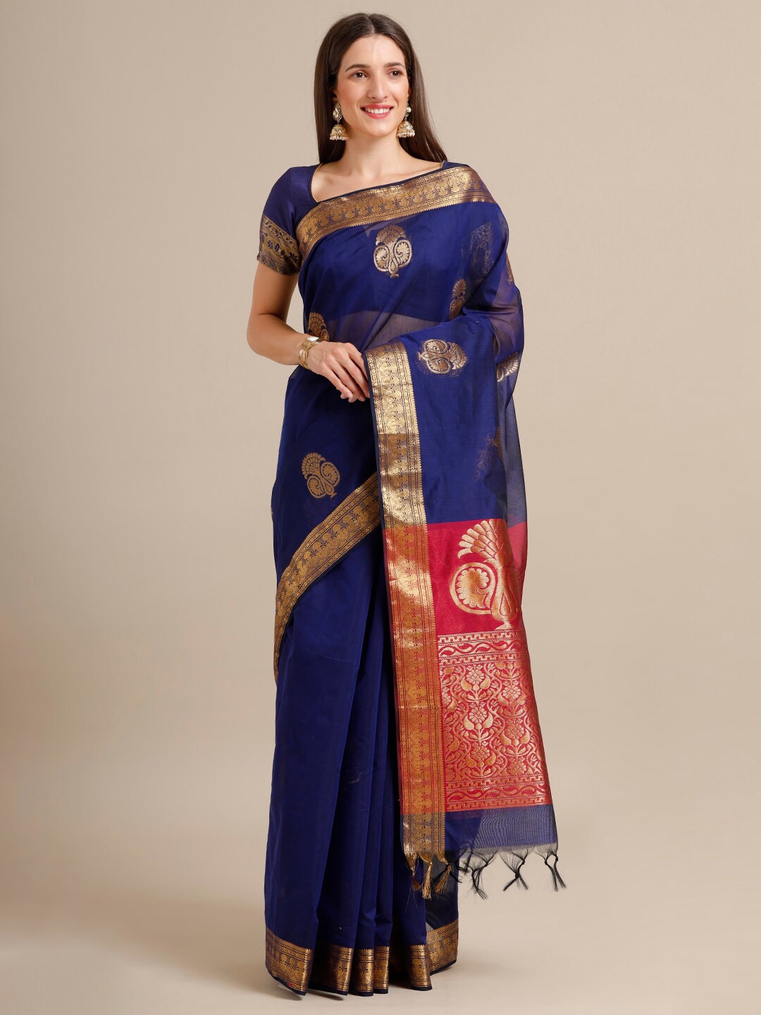 

SAMITTE Navy Blue & Red Floral Pure Cotton Kovai Saree