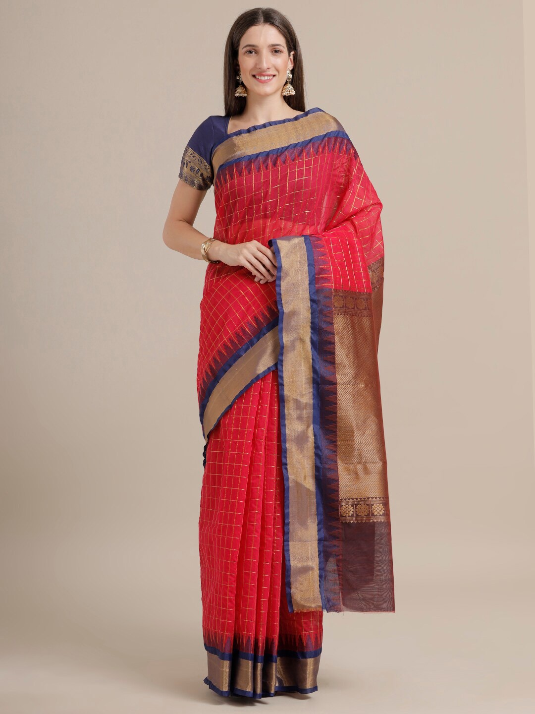 

SAMITTE Red & Blue Checked Zari Pure Cotton Kovai Saree