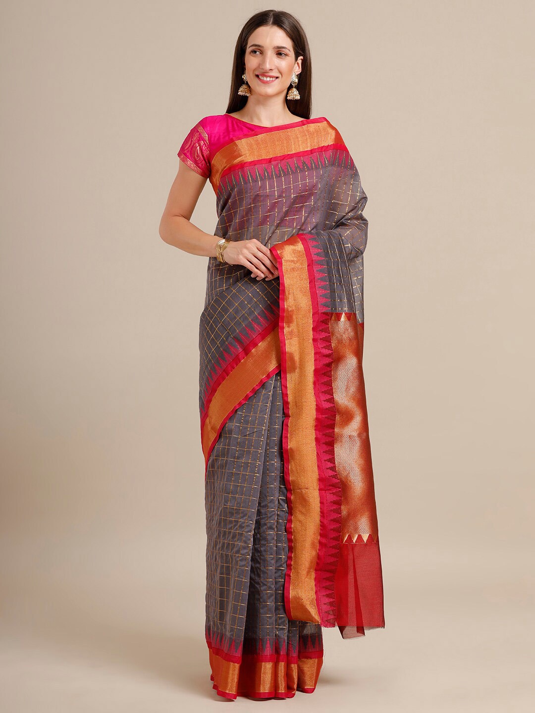 

SAMITTE Grey & Red Woven Design Pure Cotton Kovai Saree