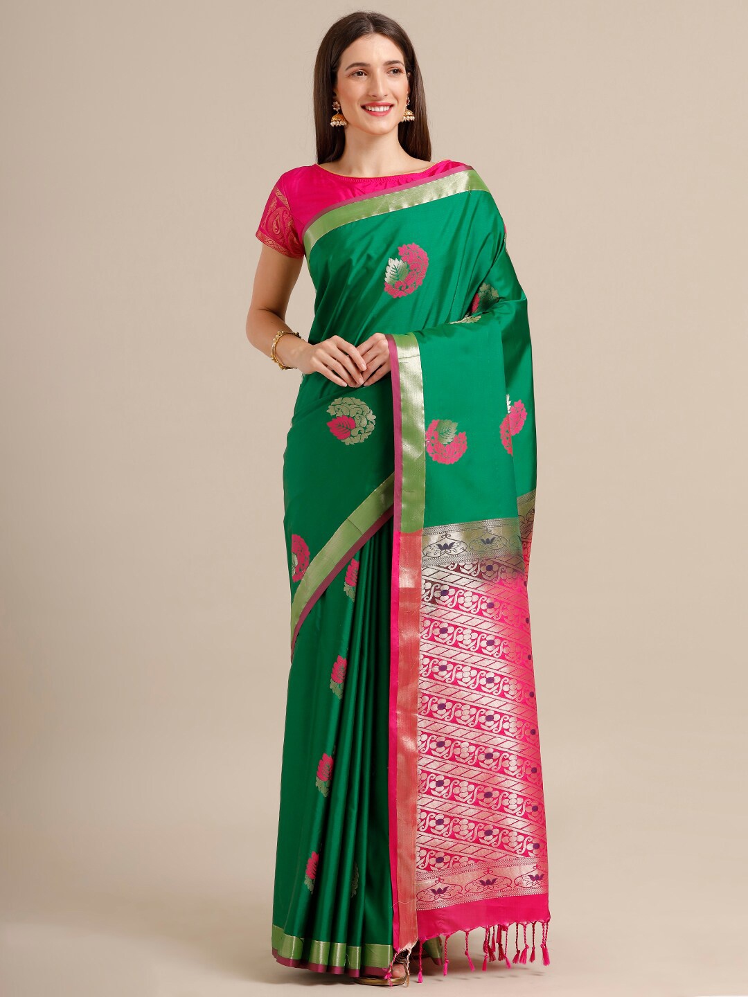 

SAMITTE Green & Pink Woven Design Silk Blend Kanjeevaram Saree