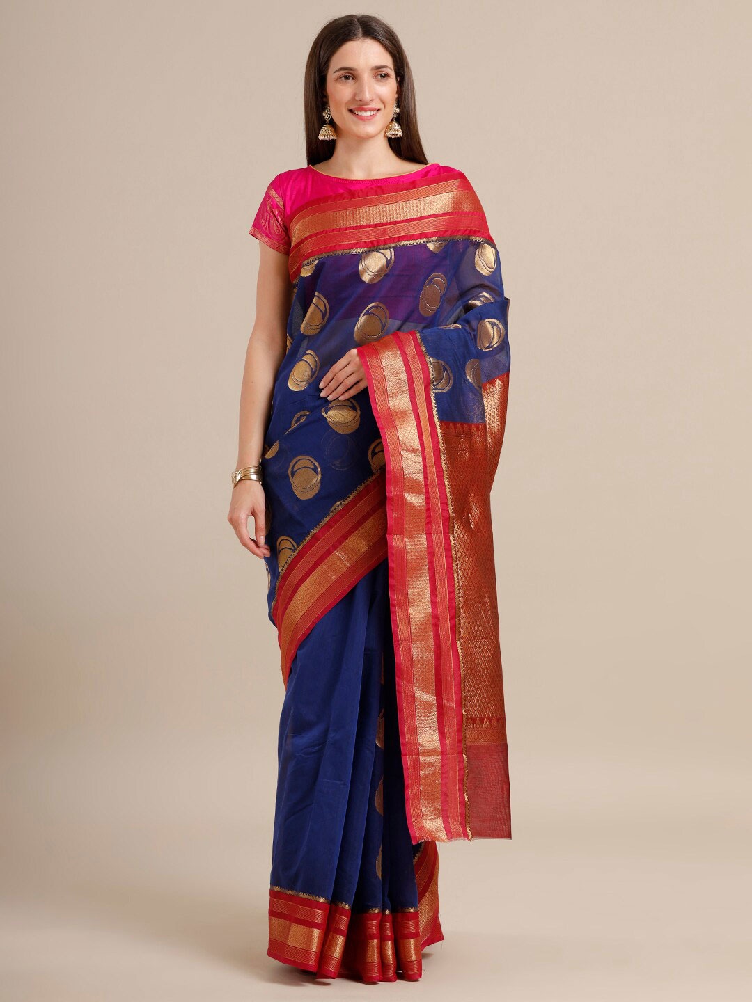 

SAMITTE Navy Blue & Red Zari Pure Cotton Kovai Saree