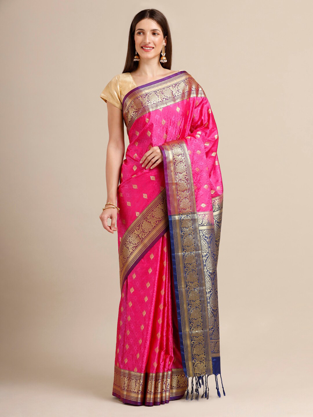 

SAMITTE Pink & Golden Woven Design Silk Blend Kanjeevaram Saree