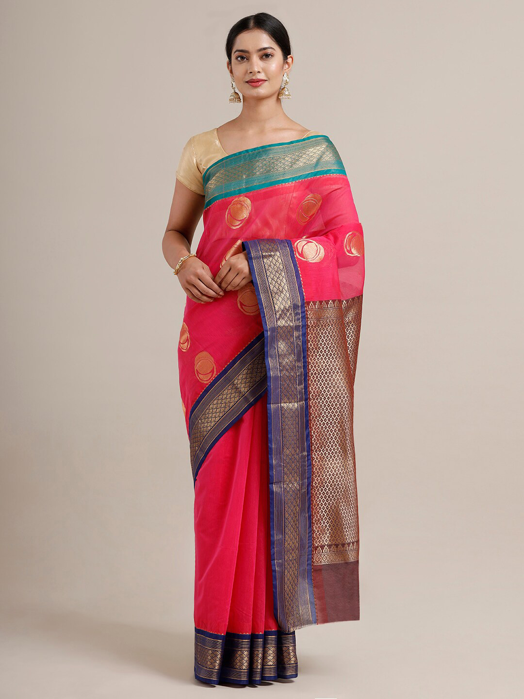 

SAMITTE Pink & Blue Woven Design Zari Pure Cotton Kovai Saree